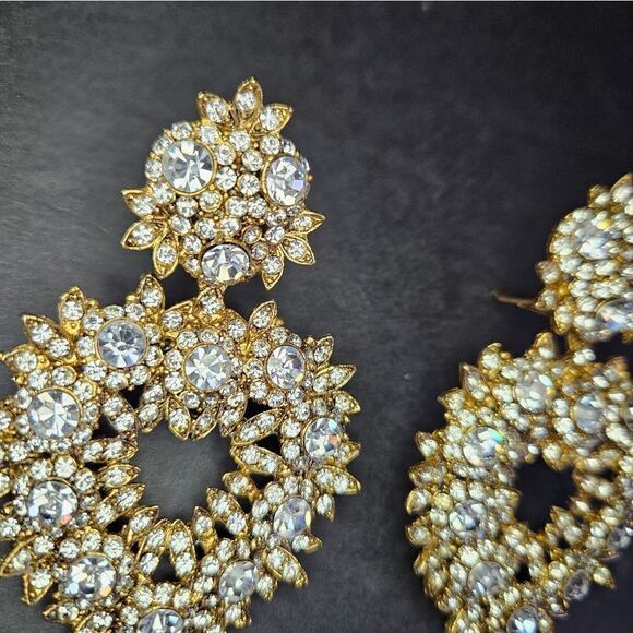 Vintage Thelma Deutsch Signed Large Rhinestone Open Heart Clip Dangle Earrings - Picture 4 of 12